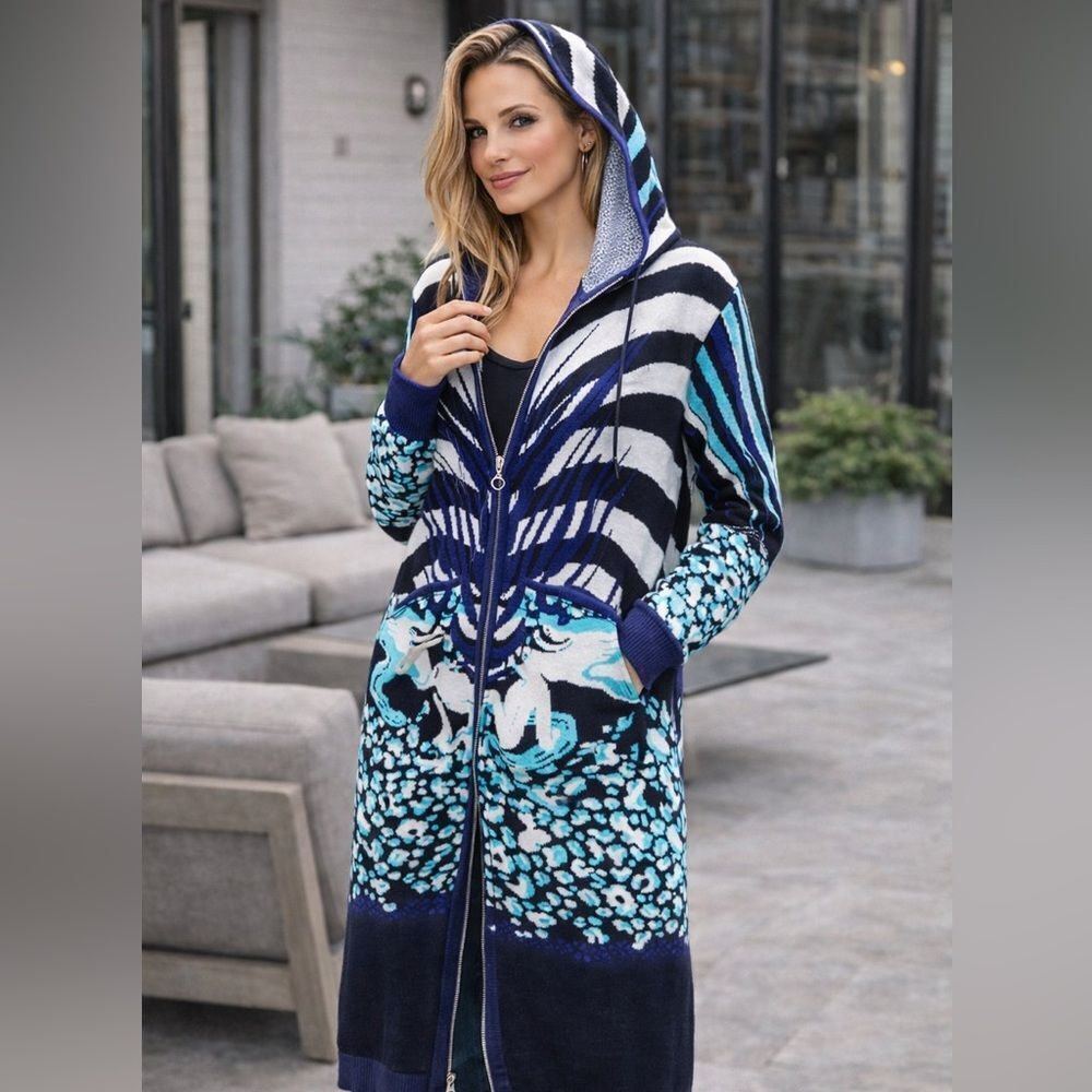 Baja East Graphic Knit Zip Hoodie Cardigan | Mermaid Ocean Print | Size 00